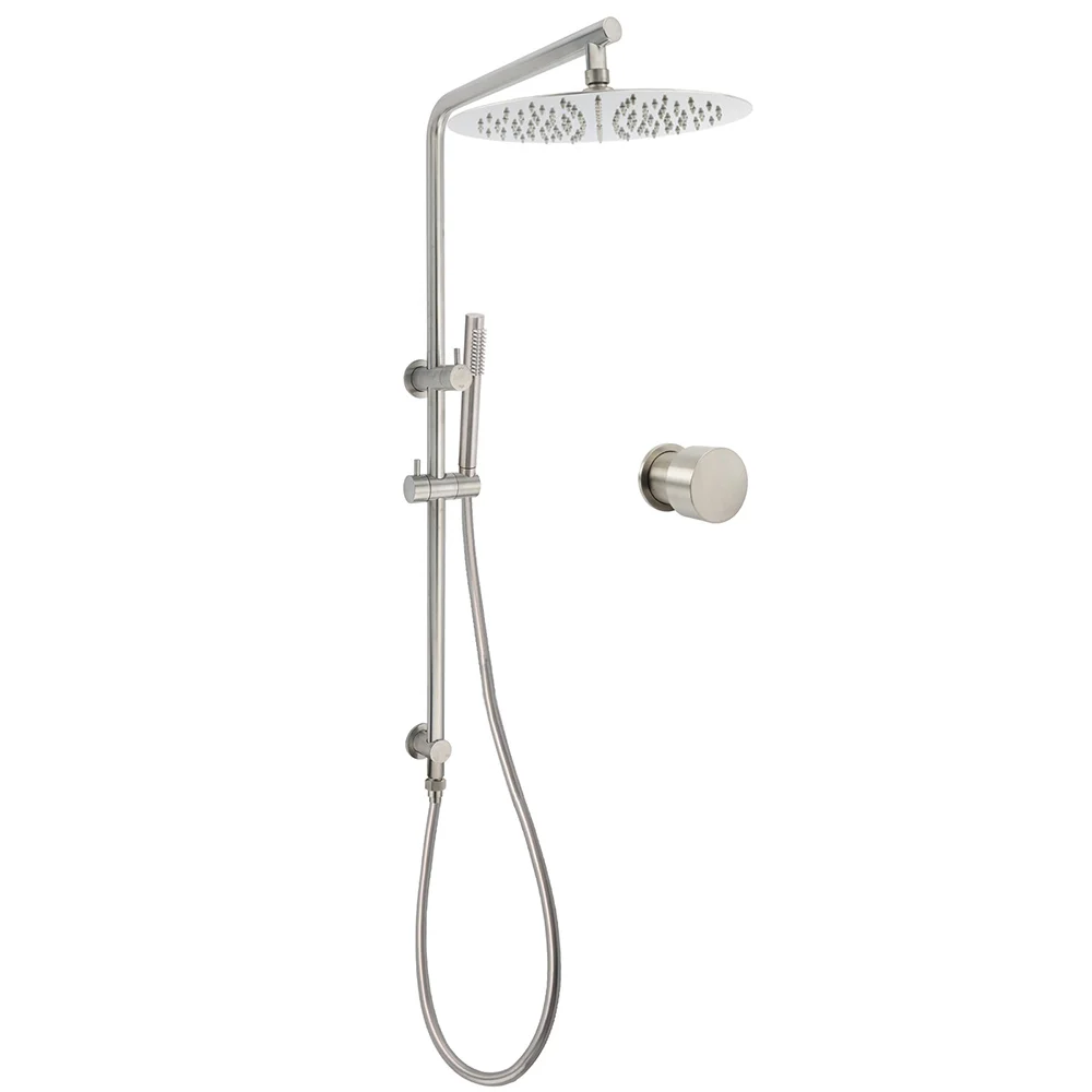 Brushed Nickel Dual Shower Set Sliding Rail Arm 12" Round Head Handheld Hot Cold Control Mixer Valve