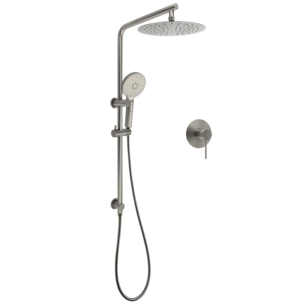 WELS Gun Metal Round 10" Twin Shower Head 3 Modes Handheld Slide Rail Diverter Mixer