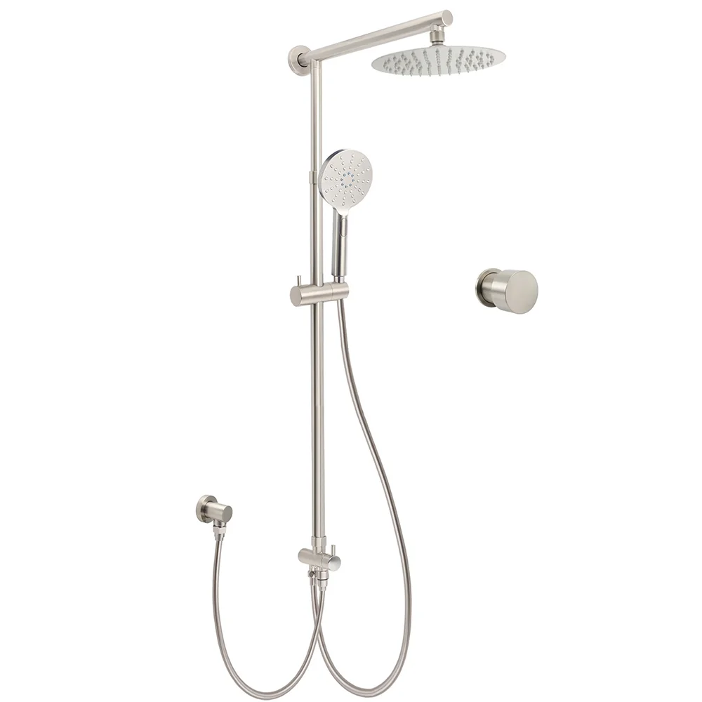 Brushed Nickel 8" Thin Rain Head Twin Shower Handheld Sliding Rail Arm Set With Mixer