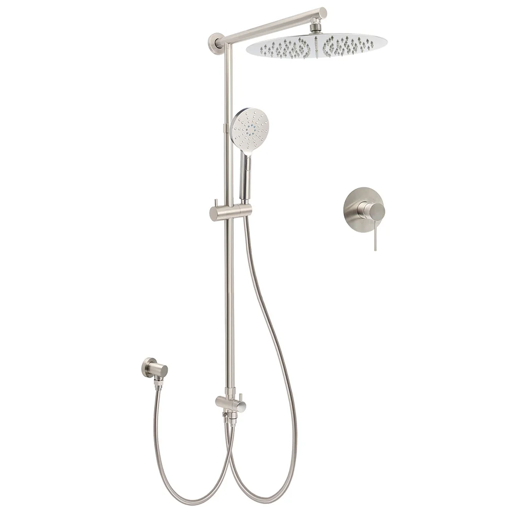 Brushed Nickel Round 12" Rainfall Head Shower Handheld Sliding Rail Arm Mixer 2in1 Set