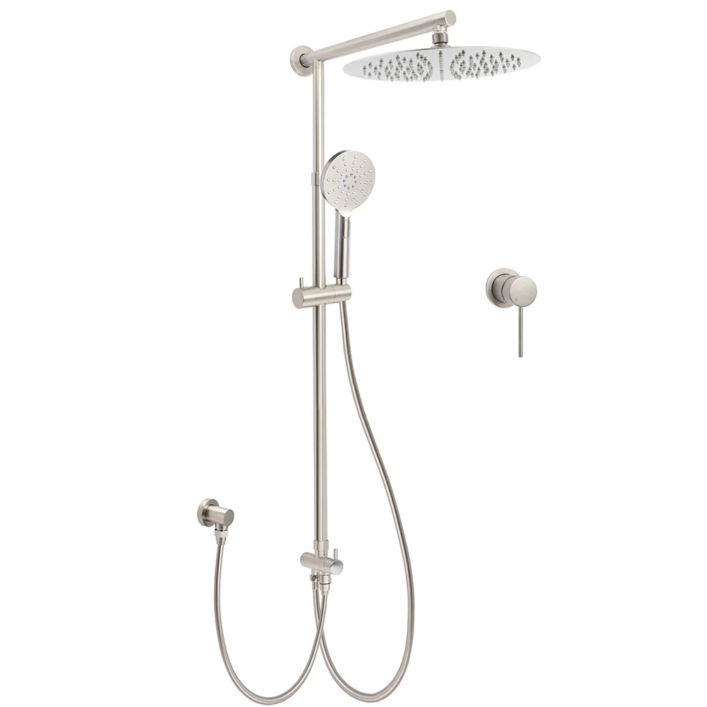 Brushed Nickel Round 12" Rainfall Head Shower Handheld Sliding Rail Small Face Mixer 2in1 Set