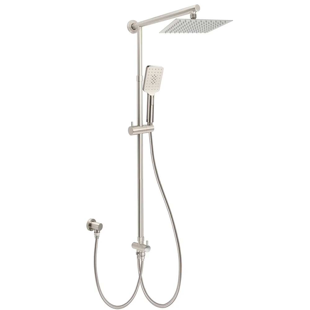 Brushed Nickel 2in1 Square 8" Thin Rainfall Head Shower Handheld Sliding Rail Arm Set