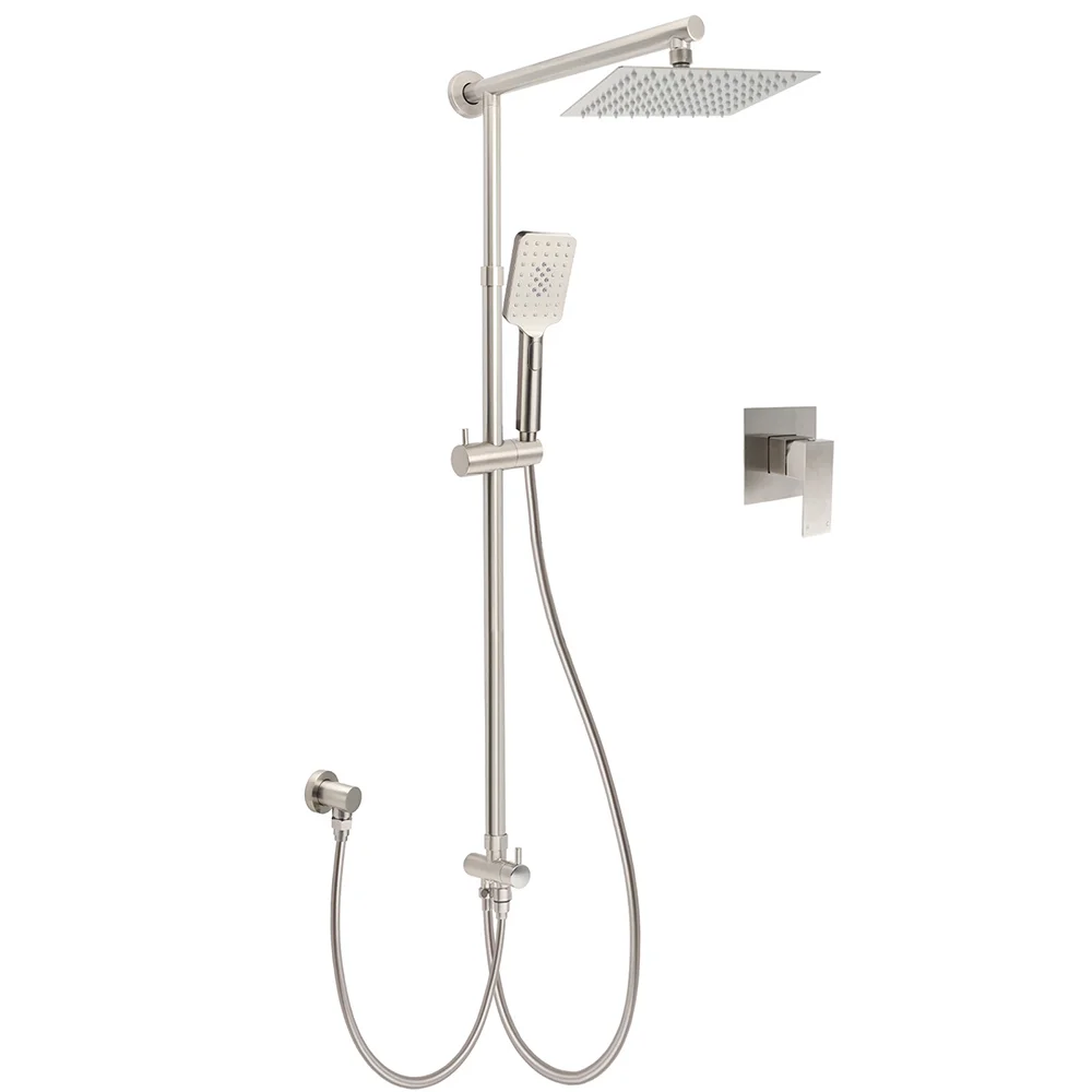 Brushed Nickel 8" Rain Head Shower Square 3 Modes Handheld Sliding Rail Arm Mixer Dual Set