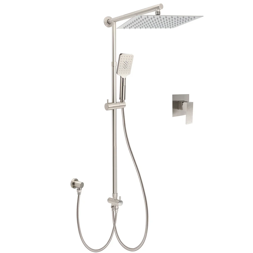 WELS Brushed Nickel 12" Rain Head Shower Square 3 Modes Handheld Sliding Rail Arm Mixer Dual Set