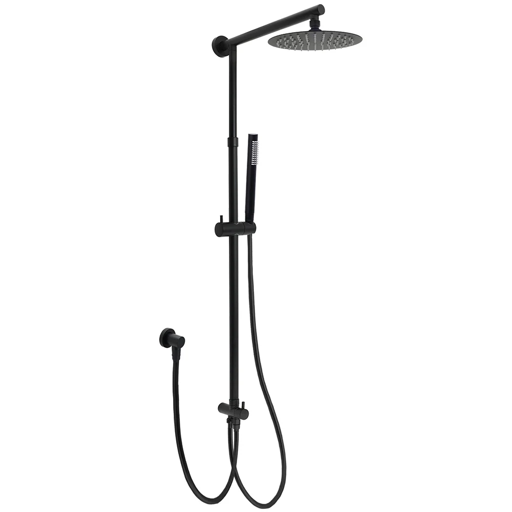 WELS Matt Black 2in1 Shower 8" Round Head Set 1 Mode Handheld Rose Sliding Rail Elbow Inlet