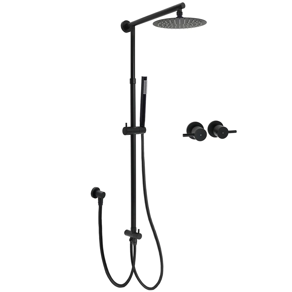 WELS Matt Black 2in1 Shower 8" Round Head Set Sliding Rail Single Mode Handheld + Twin Taps