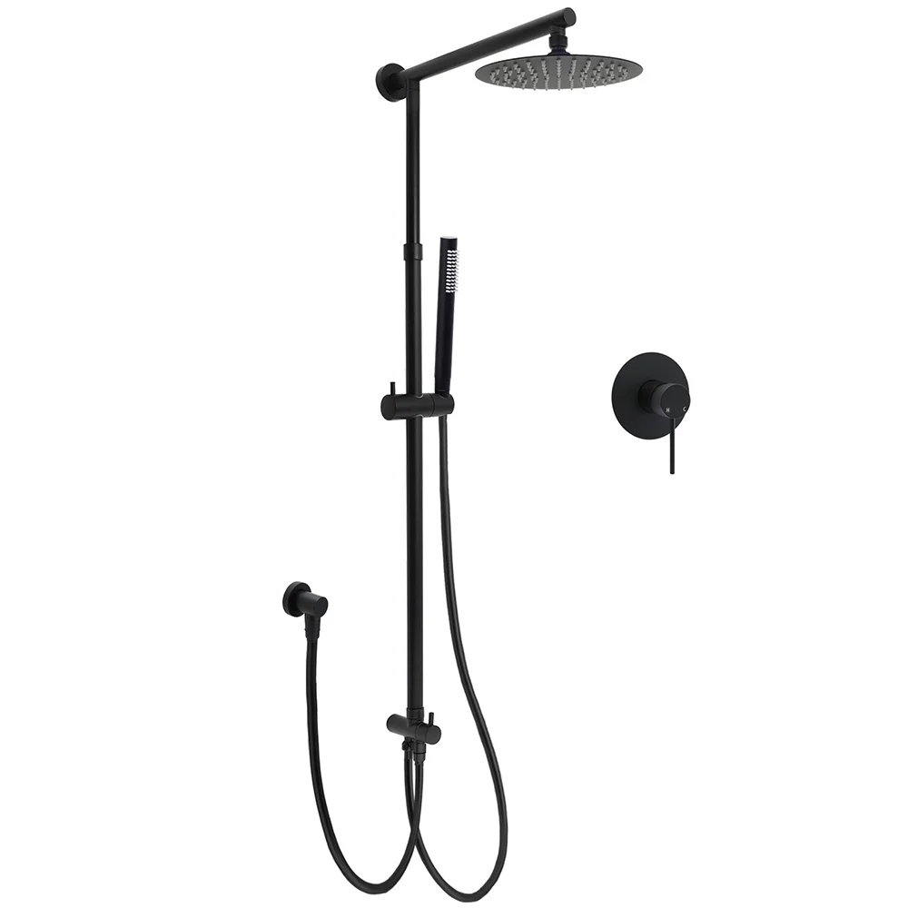 WELS Matt Black Twin Shower 8" Round Rain Head Set Sliding Rail Single Mode Handheld + Mixer
