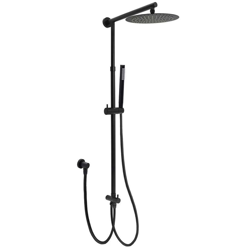 Matt Black Dual Round Shower Set 10" Rain Head Metal Handheld Sliding Rail Arm Diverter