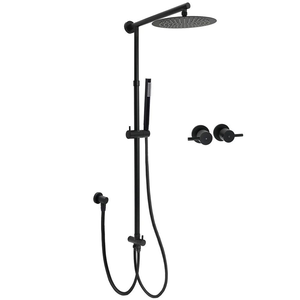 Matt Black Round Dual Shower Set 10" Rain Head Metal Handheld Sliding Rail Arm Twin Taps