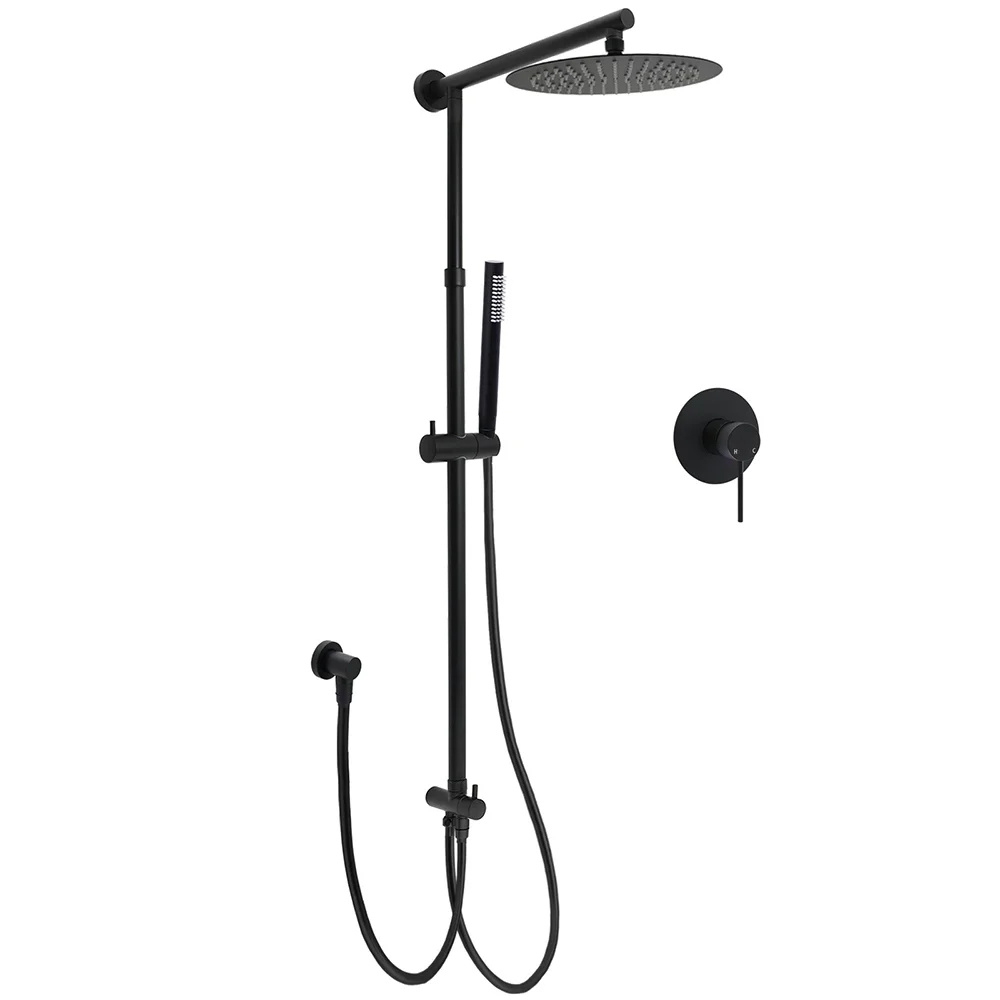 Matt Black 2in1 Round Shower 10" Rainfall Head Metal Handheld Sliding Rail Diverter Mixer Set