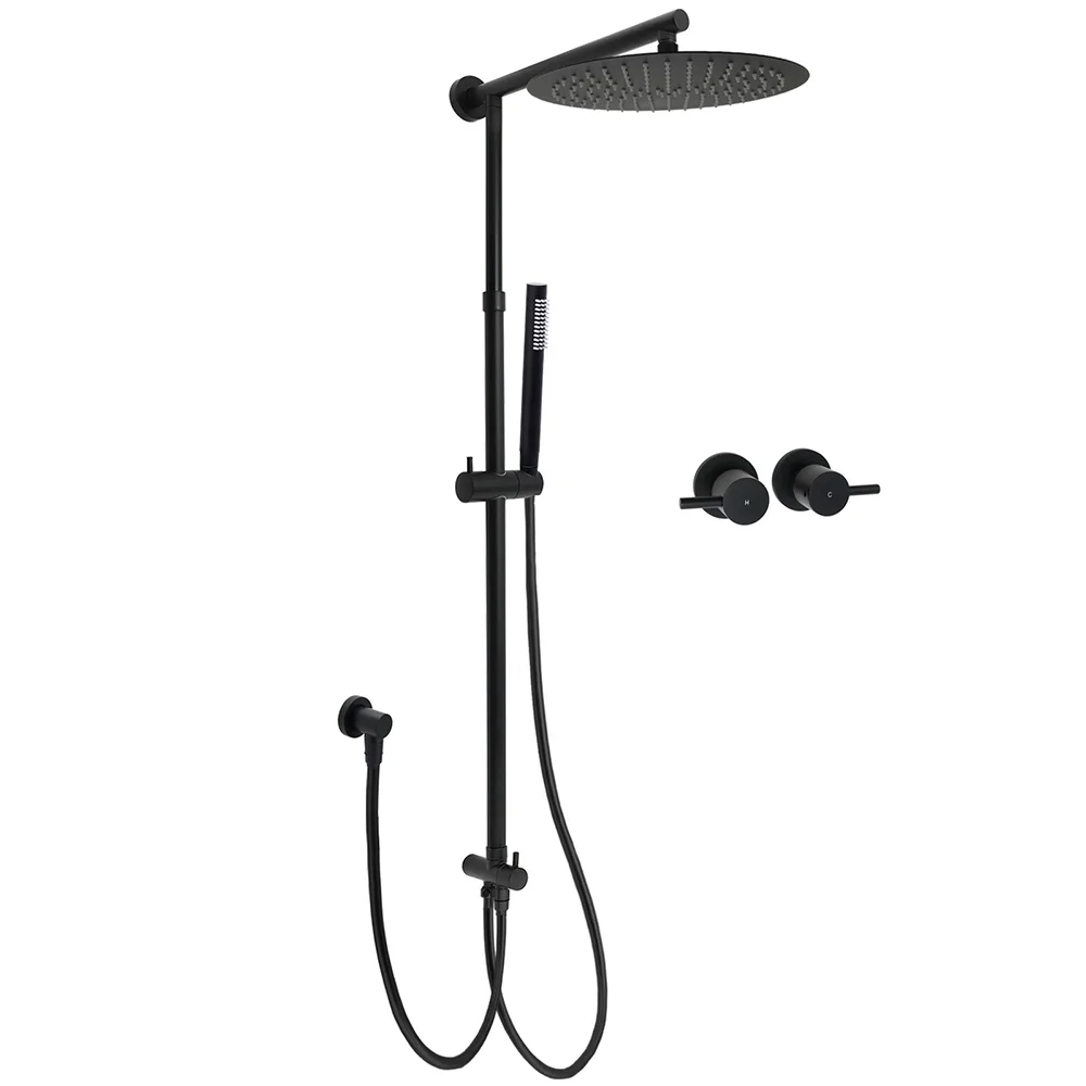 WELS Matt Black Dual 12" Round Shower Head Set Metal Handheld Rail Wall Arm Elbow Inlet Twin Taps