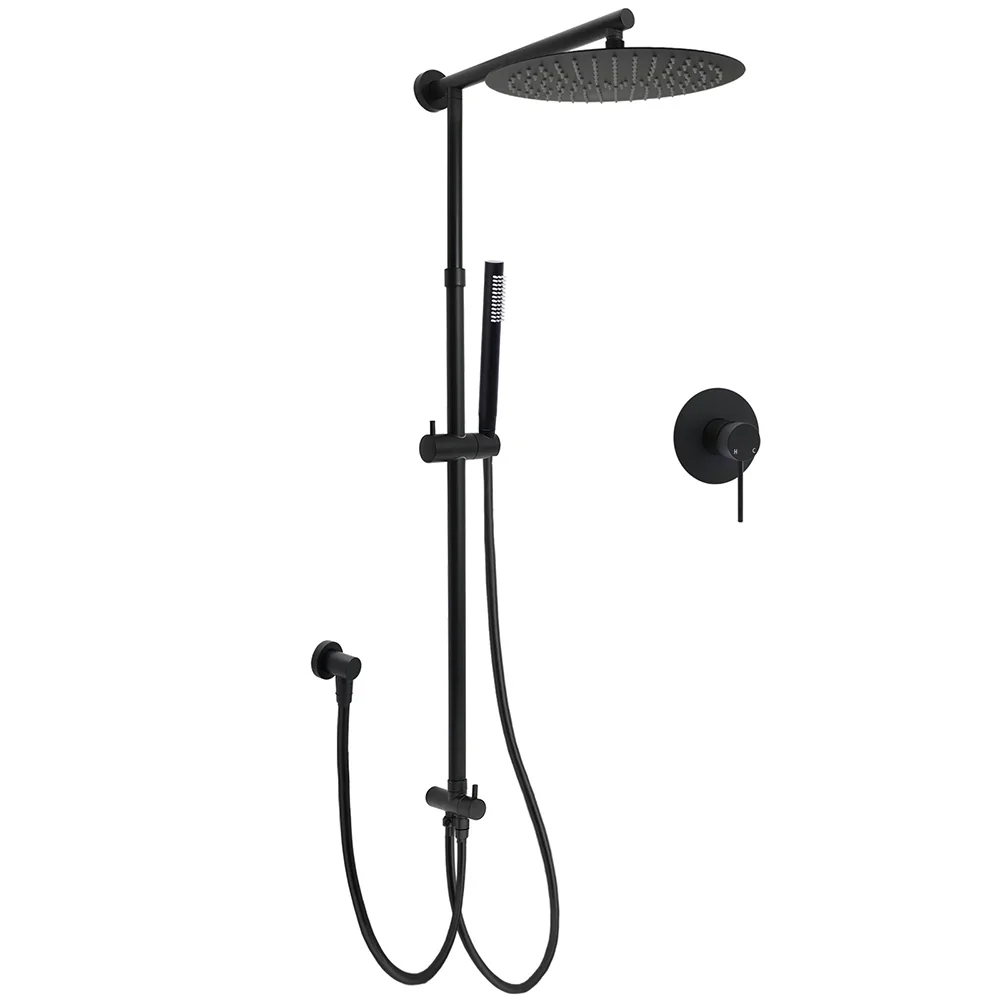 WELS Matt Black Twin Round 12" Shower Head Set Metal Handheld Flexible Rail Wall Arm Mixer