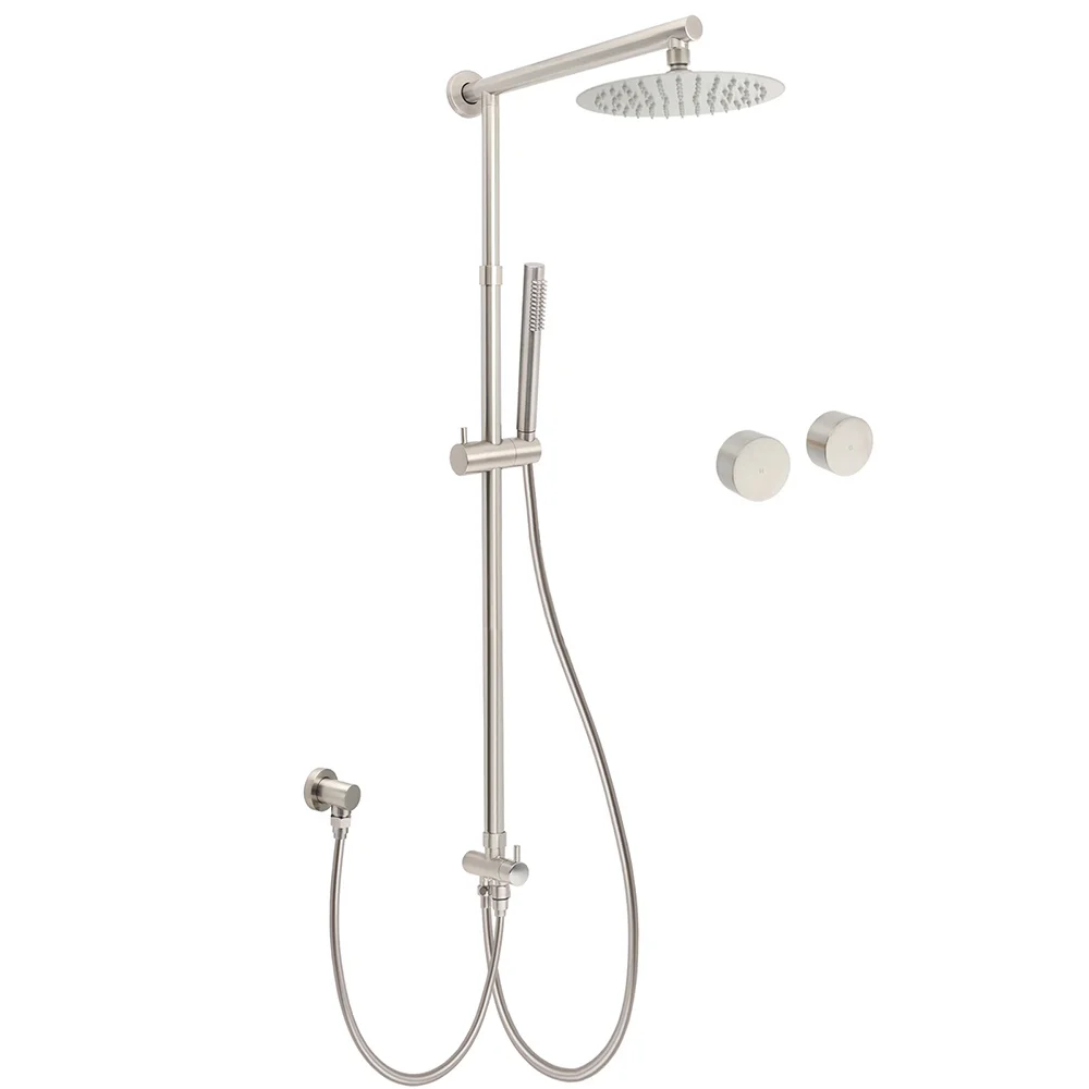 Brushed Nickel Round 8" Rain Head Shower Stainless Steel Handheld Sliding Rail Arm Chrome Set + Twin Taps