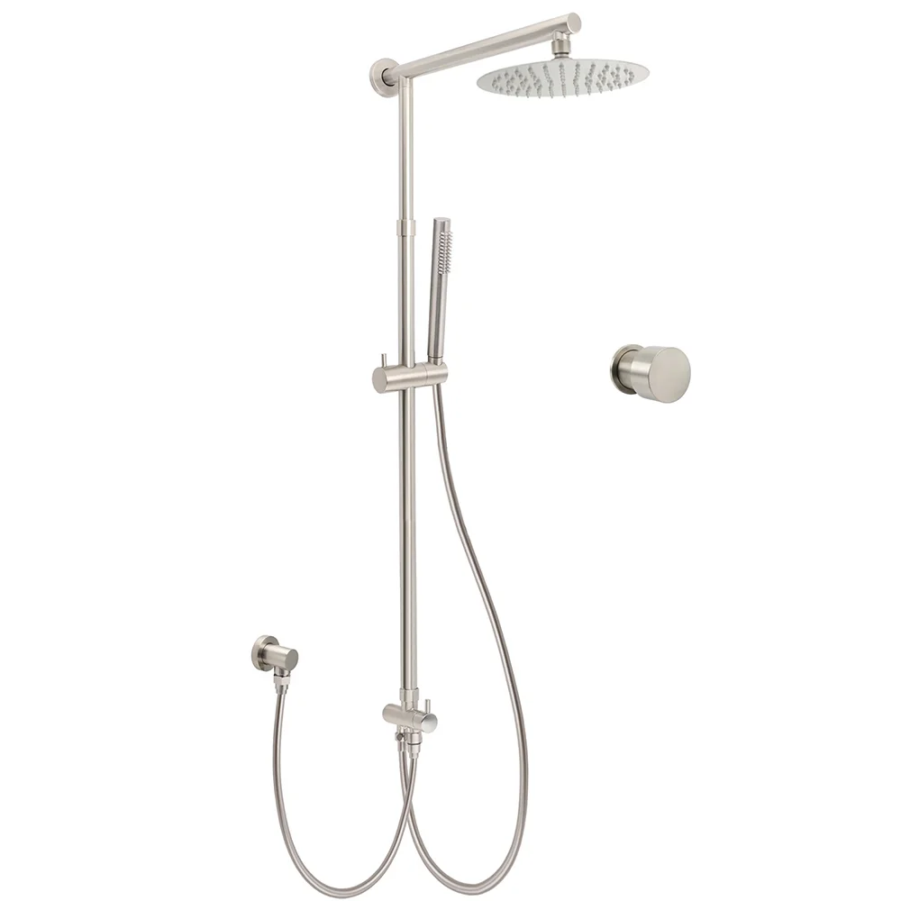 Brushed Nickel 8" Thin Rain Head Twin Shower Metal Handheld Rose Sliding Rail Arm Set With Mixer