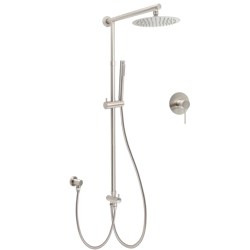 Brushed Nickel Round 8" Rain Head Shower 1 Mode Handheld Sliding Rail Arm Mixer 2in1 Set
