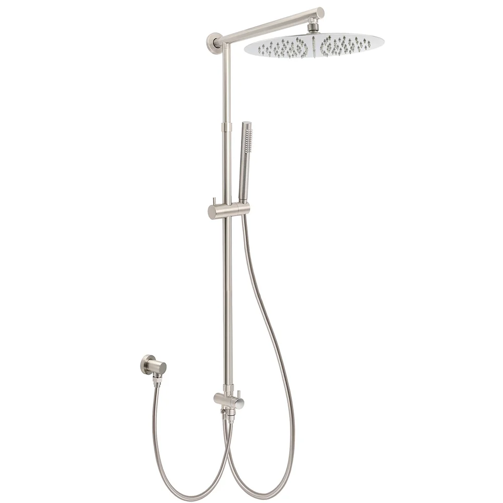 Brushed Nickel Dual Round 12" Stainless Steel Rain Shower Head Metal Handheld Sliding Rail Arm Set