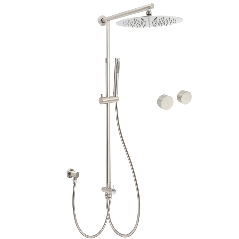 Brushed Nickel Round 12" SUS Rain Head Metal Handheld Shower Sliding Rail Arm Chrome Set + Twin Taps