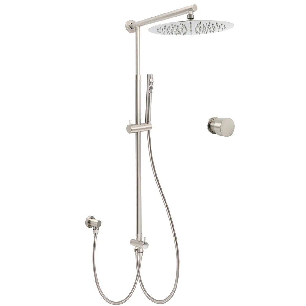 Brushed Nickel 12" Large Rain Head Twin Shower Handheld Rose Sliding Rail Arm Set With Mixer