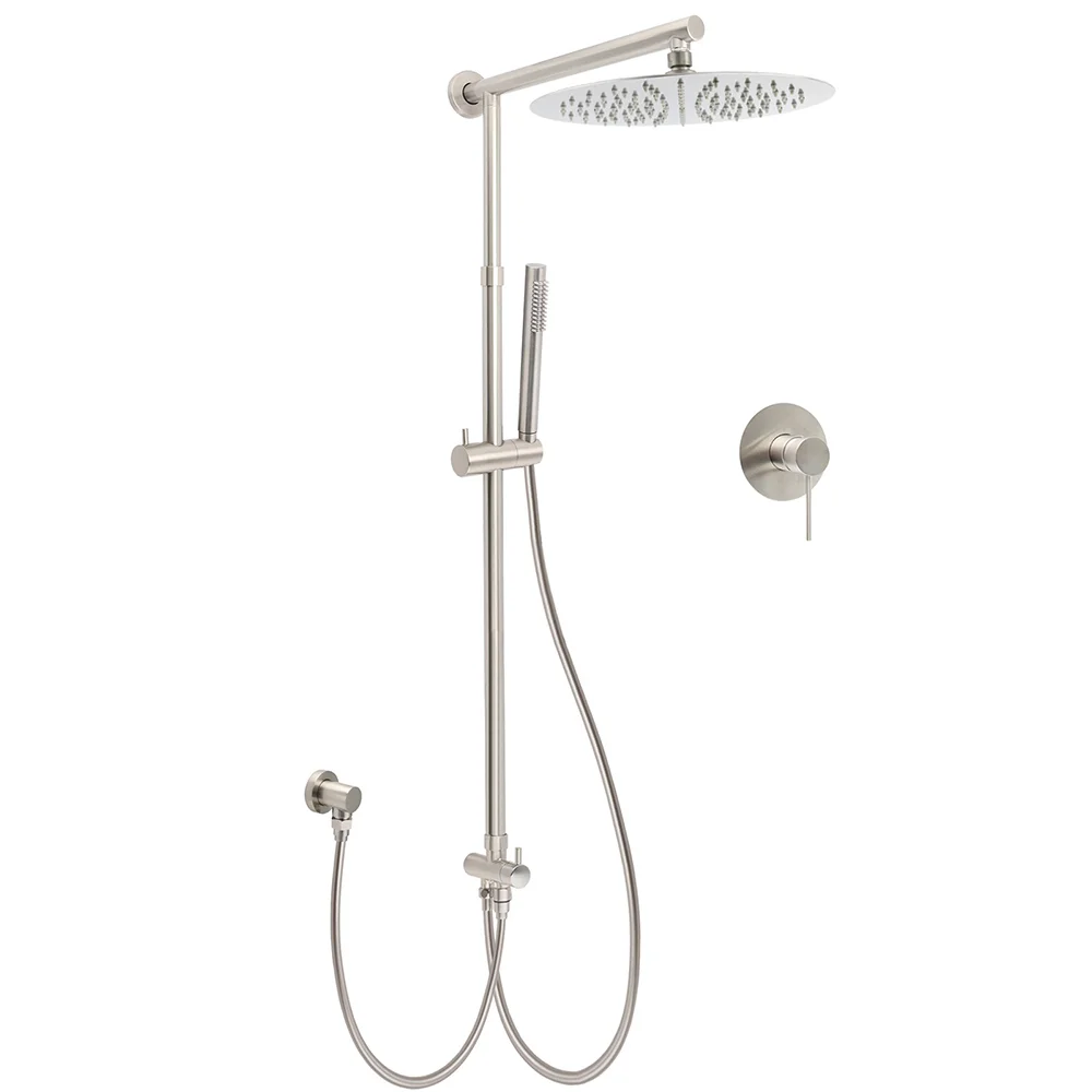 Brushed Nickel Round 12" Rain Head Shower Single Mode Handheld Sliding Rail Arm Mixer 2in1 Set