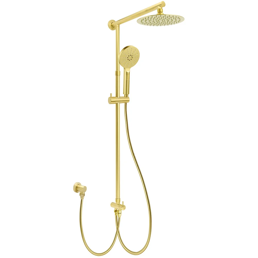 WELS Brushed Gold Twin Shower 8" Round Head Set 3 Mode Handheld Rose Sliding Rail Arm