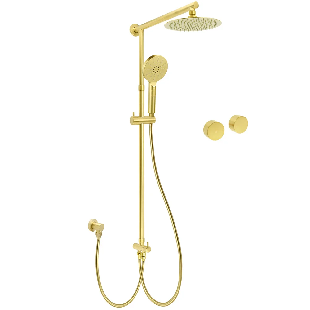 WELS Brushed Gold 2in1 Shower 8" Round Head Set 3 Mode Handheld Rose Sliding Rail Twin Taps