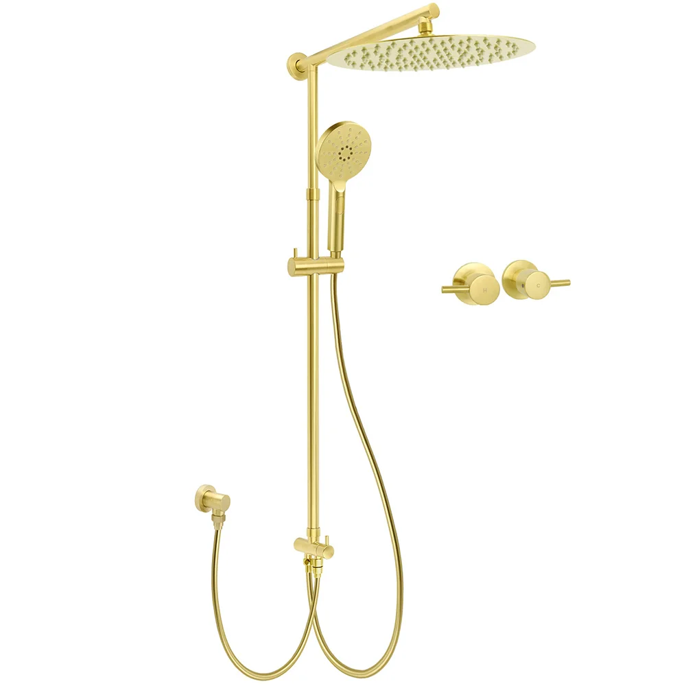 WELS Brushed Gold Round 12" Shower Head 3 Mode Handheld Rose Sliding Rail Twin Taps Set