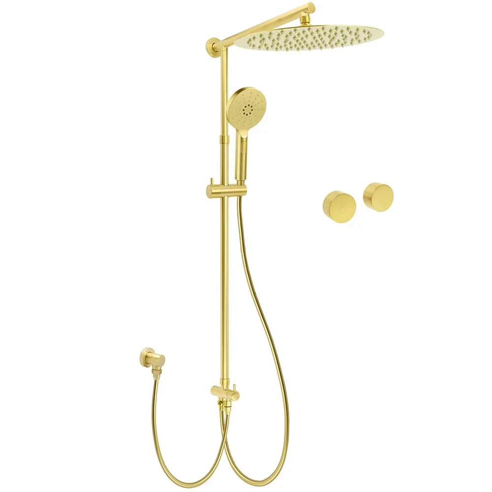 WELS Brushed Gold Rain Shower 12" Head 3 Mode Handheld Rose Sliding Rail Round Taps Set