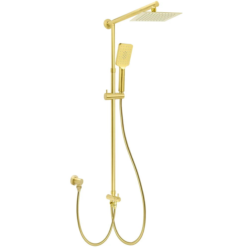 Brushed Gold Square 8" Rain Shower Head 3 Mode Handheld Sliding Rail Arm Dual Diverter Set