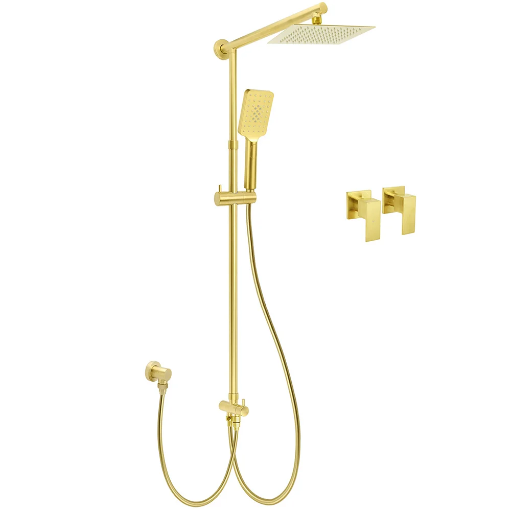 Brushed Gold Dual Square 8" Rain Shower Head 3 Mode Handheld Sliding Rail Arm Twin Taps Set