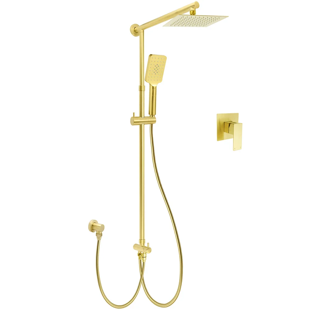 WELS Brushed Gold Square 8" Rain Shower Head 3 Mode Handheld Sliding Rail Arm Dual Mixer Set