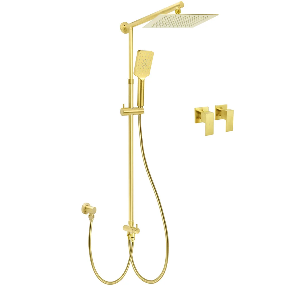 Brushed Gold Square 10" Rain Head 3 Mode Handheld Sliding Rail Wall Arm Dual Shower Taps Set