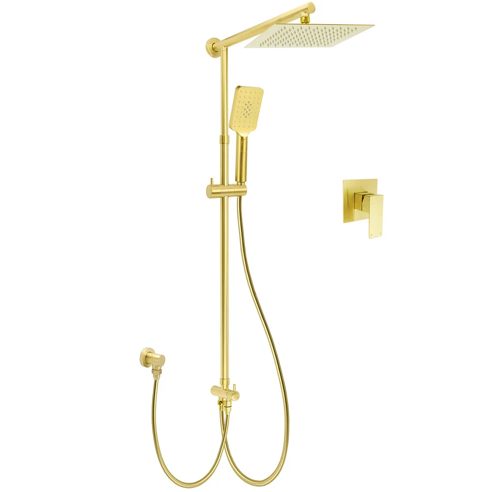 WELS Brushed Gold Square 10" Rain Head 3 Mode Handheld Sliding Rail Wall Mixer 2in1 Shower Set