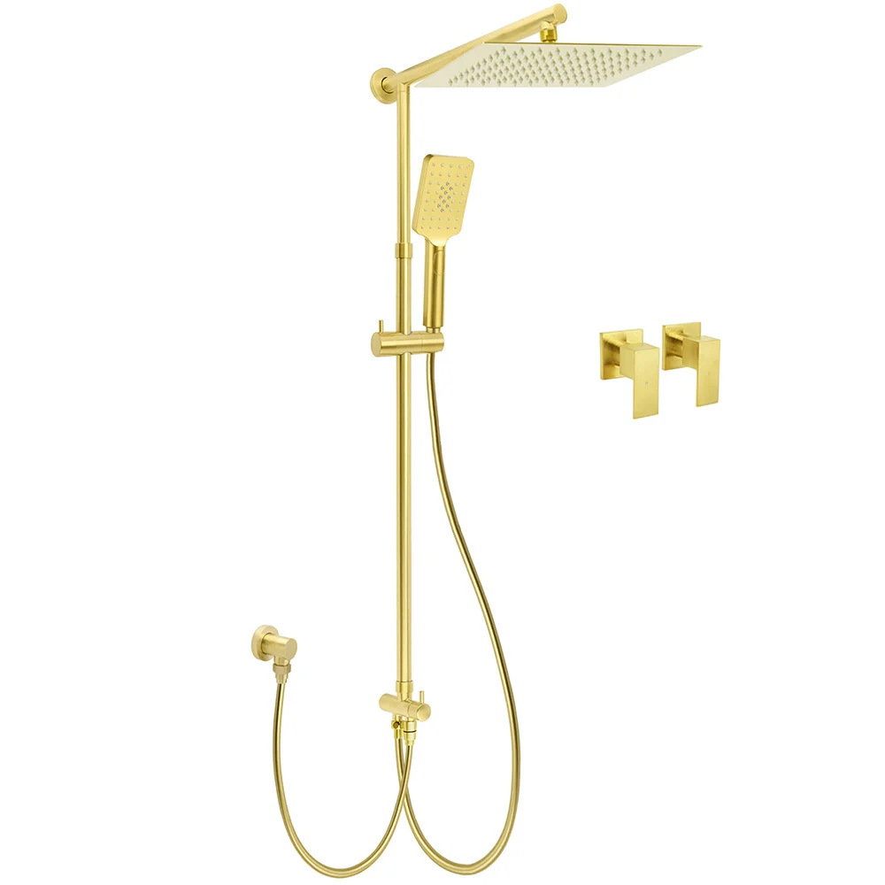 Brushed Gold Square 12" Rain Head 3 Mode Handheld Rose Sliding Rail Wall Arm Dual Shower Taps Set