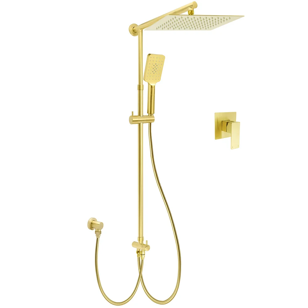 WELS Brushed Gold Square 12" Rainfall Head 3 Modes Handheld Sliding Rail Wall Mixer 2in1 Shower Set