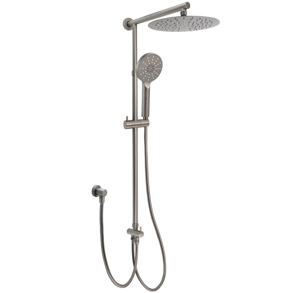 WELS Gun Metal Dual Round Shower 10" Rain Head 3 Mode Handheld Sliding Rail Diverter Set