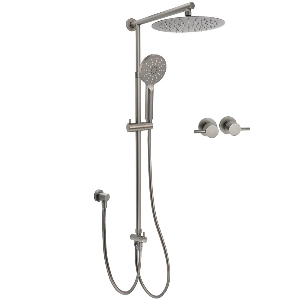 WELS Gun Metal 2in1 Round Shower 10" Rain Head 3 Mode Handheld Sliding Rail Twin Taps Set