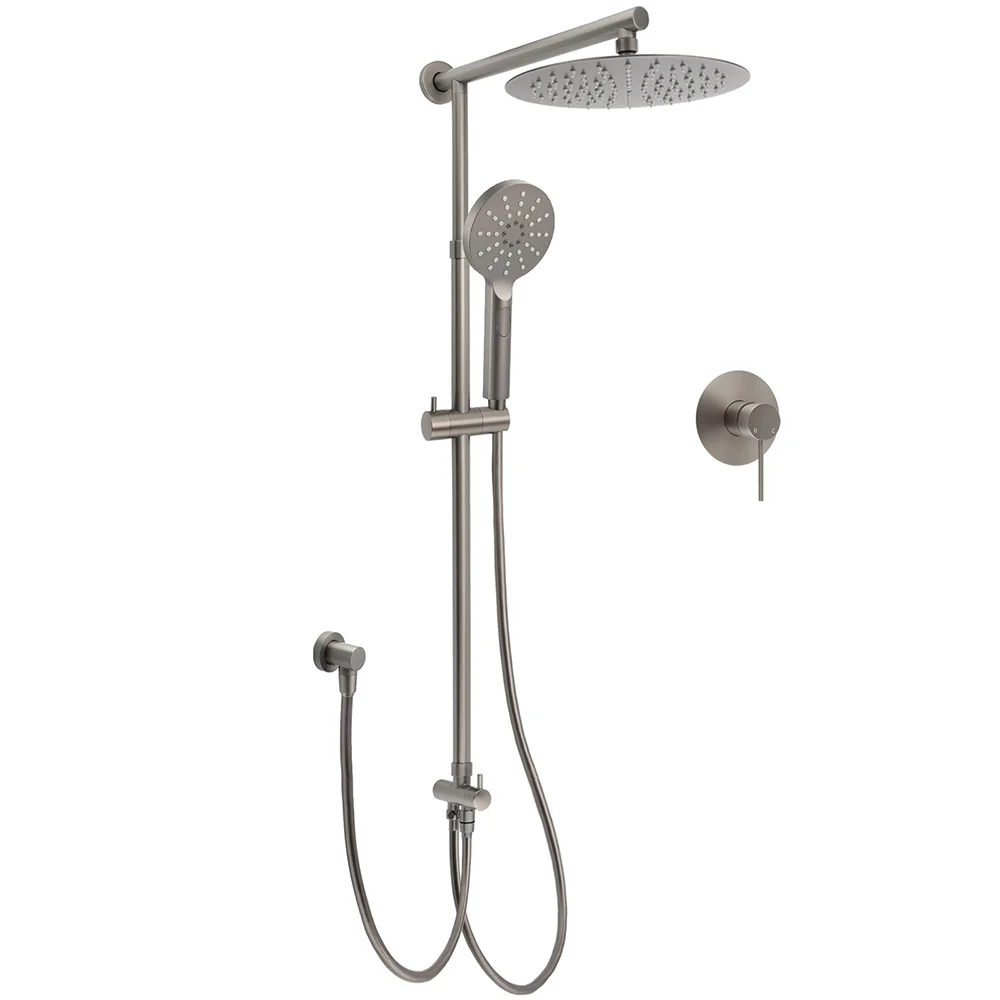WELS Gun Metal Double Round Shower 10" Rain Head 3 Mode Handheld Sliding Rail Mixer Valve Set