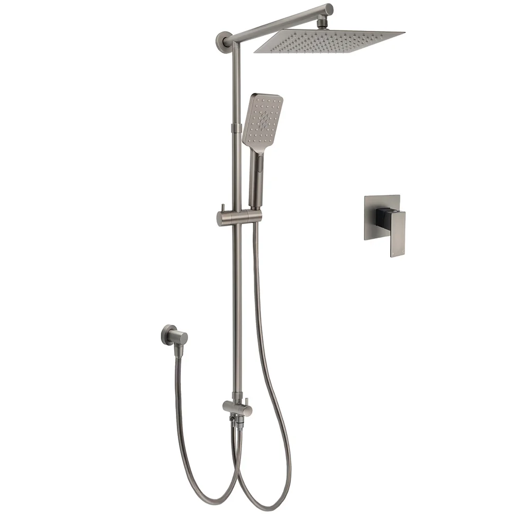 WELS Gun Metal 2in1 Shower Set Square 10" Rain Head Handheld Silde Rail Hot Cold Mixer