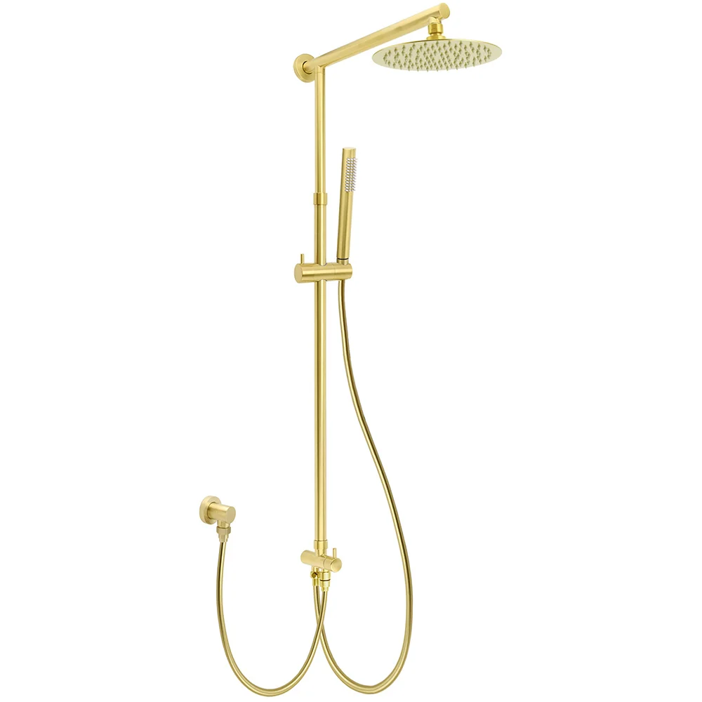 WELS Brushed Gold Twin Shower 8" Round Head Set Single Mode Handheld Rose Sliding Rail Arm