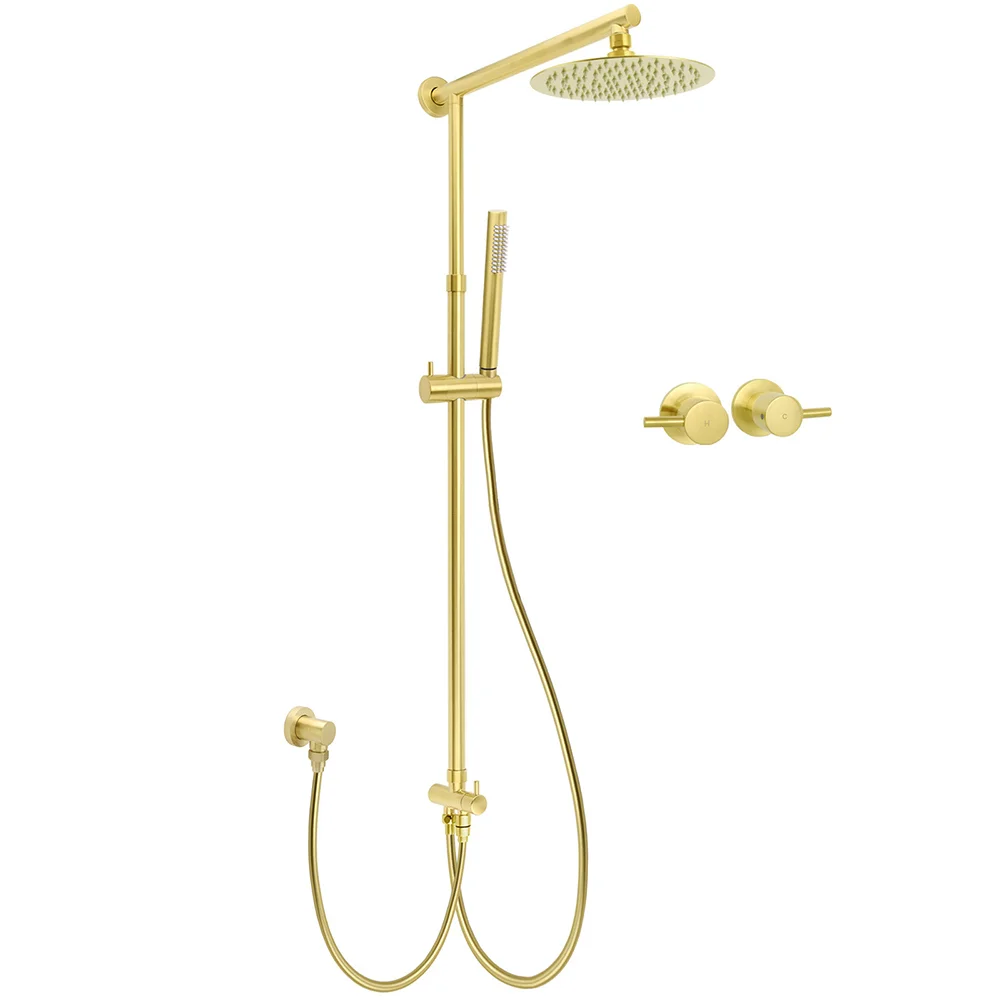 WELS Brushed Gold 8" Round Shower Head Stainless Steel Handheld Rose Sliding Rail Twin Taps Set