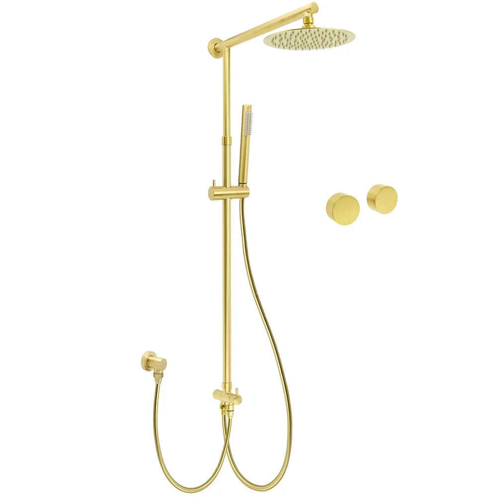 WELS Brushed Gold 2in1 Shower 8" Round Head Set Stainless Steel Handheld Rose Sliding Rail Twin Taps