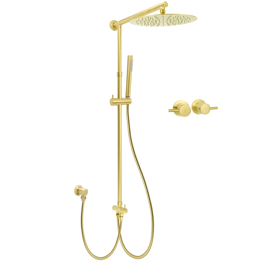 WELS Brushed Gold Round 12" Shower Head Single Mode Handheld Rose Sliding Rail Twin Taps Set