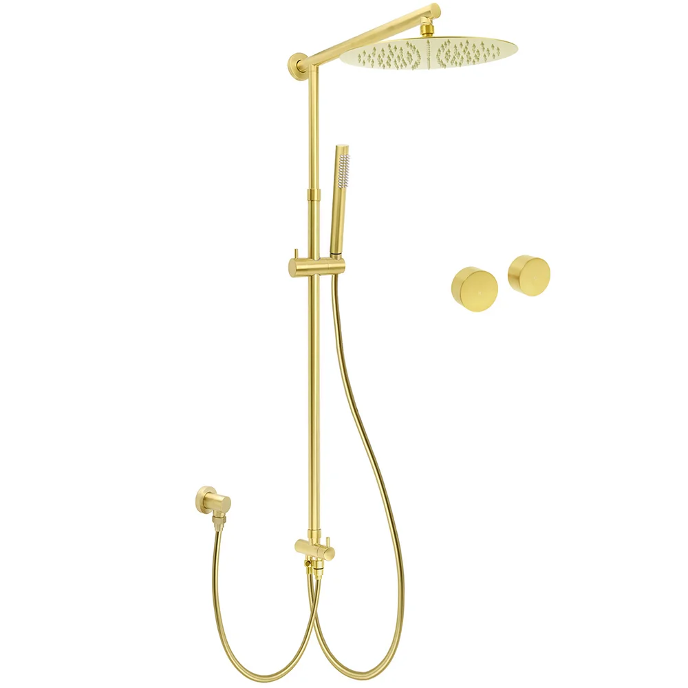 WELS Brushed Gold Rain Shower 12" Head Ergonomic Handheld Rose Sliding Rail Round Taps Set