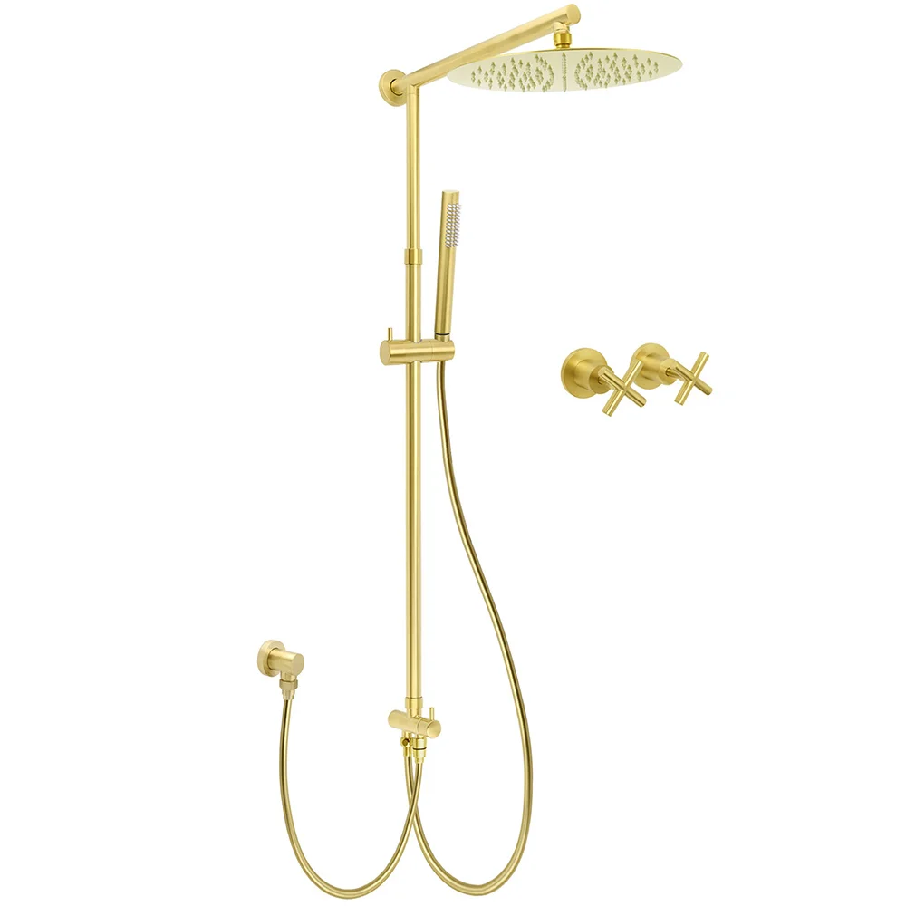 Brushed Gold 12" Large Shower Head One Spray Mode Handheld Rose Sliding Rail Arm Round Mixer Set
