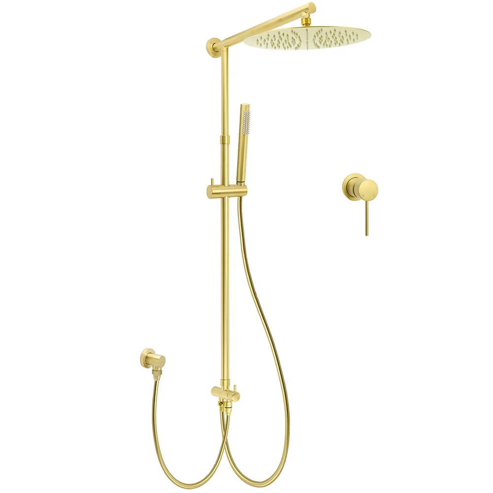 WELS Brushed Gold Dual Large Round Shower Set 12" Rain Head Stainless Steel Handheld Sliding Rail Small Face Mixer