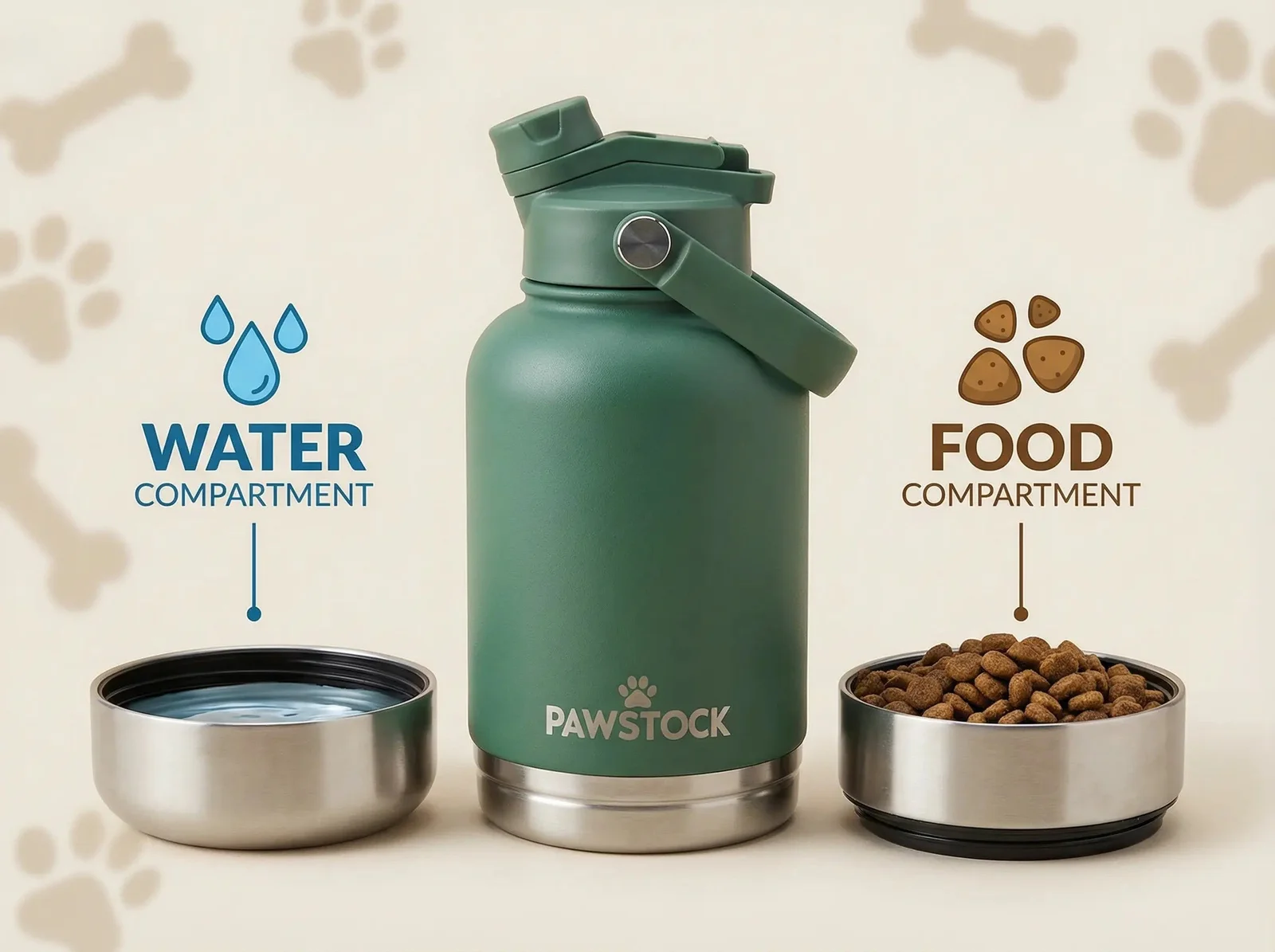 Pawstock 3-in-1 Insulated Dog Water Bottle with Dual Bowls – 1L Stainless Steel Travel Bottle-Rainforest Green