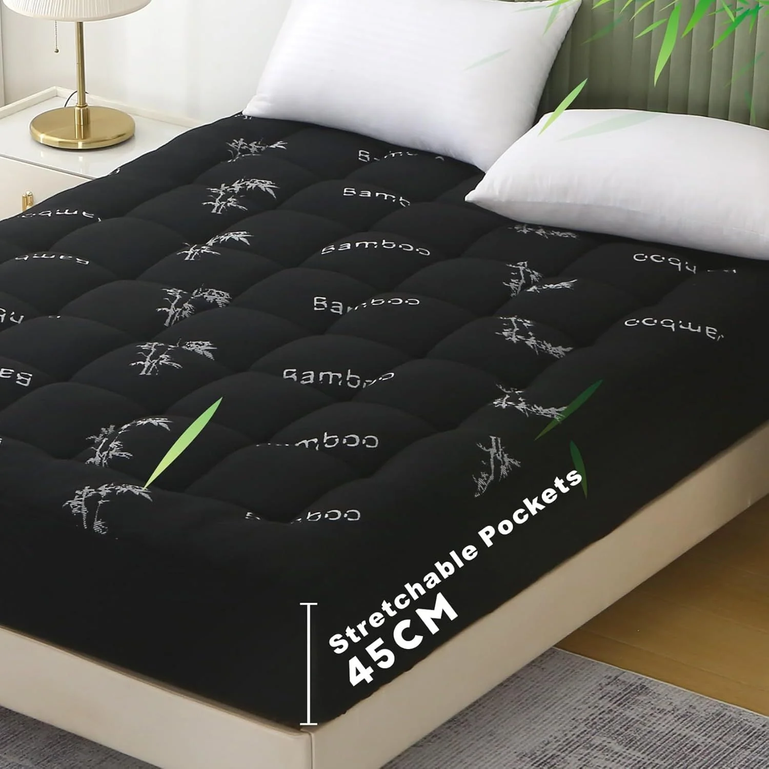 800GSM Mattress Topper Viscose Derived from Bamboo, Thick Pillowtop Fitted Mattress Cover with 45cm Deep Skirt - Machine Washable Hypoallergenic(King,Black)