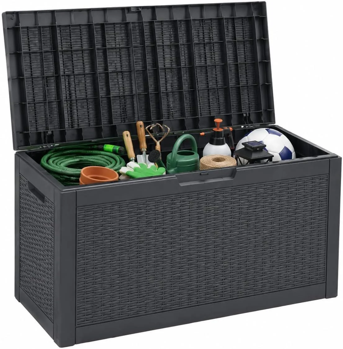 60 Gallon Outdoor Storage Deck Box, 227L Resin Patio Storage Box with Lockable Lid, Waterproof-Look Rattan Deck Box for Cushions, Garden Tools, Pool Accessories, Toys, Patio, Garden and Porch