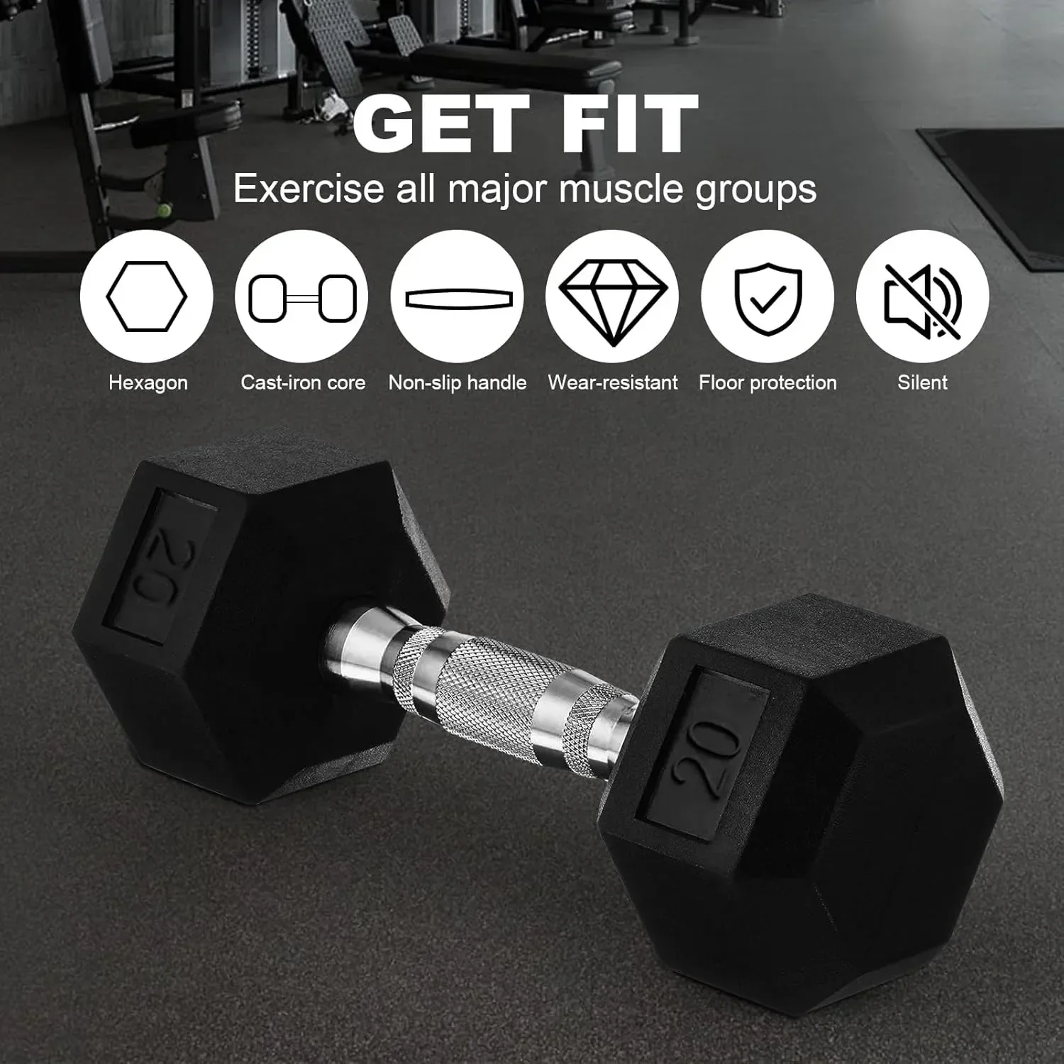 20lb to 45lb Rubber Coated Hex Dumbbells (sold in pairs) — Pair of 35LB / ~16kg