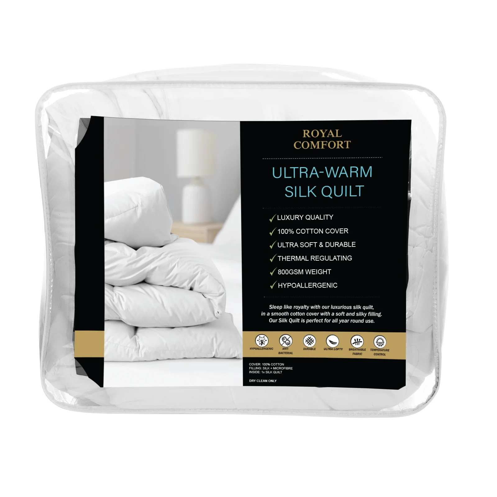 Royal Comfort 800GSM Silk Blend Quilt Duvet Ultra Warm Winter Weight - Double - White